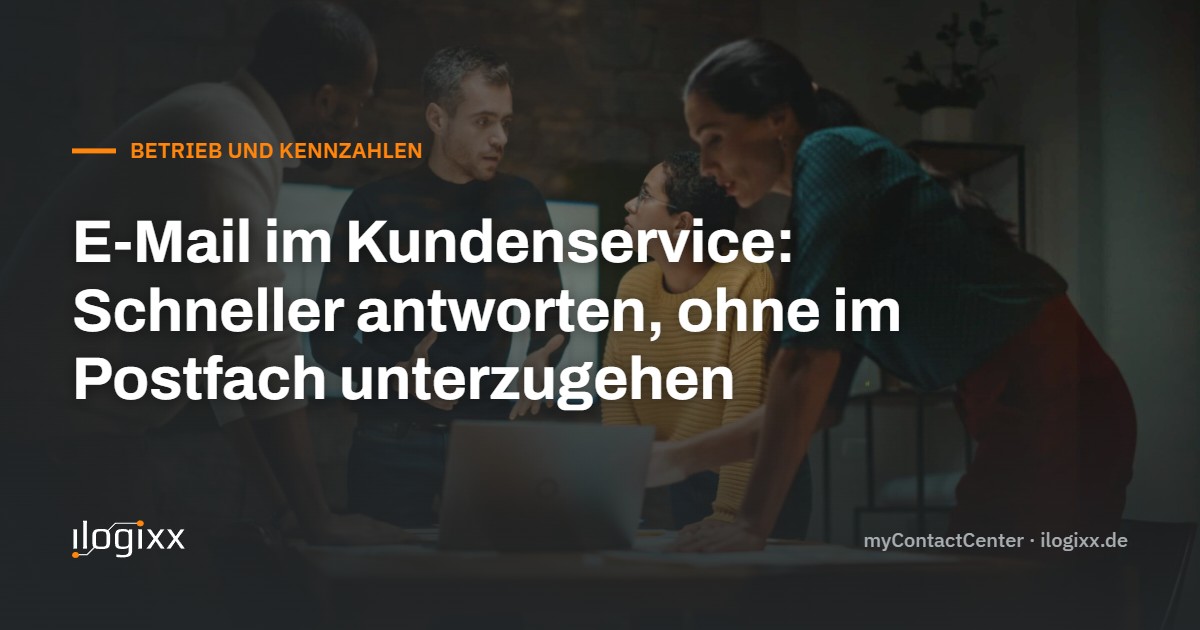 Titelkarte: E-Mail im Kundenservice – schneller antworten, ohne im Postfach unterzugehen. Serviceteam bespricht sich am Laptop.