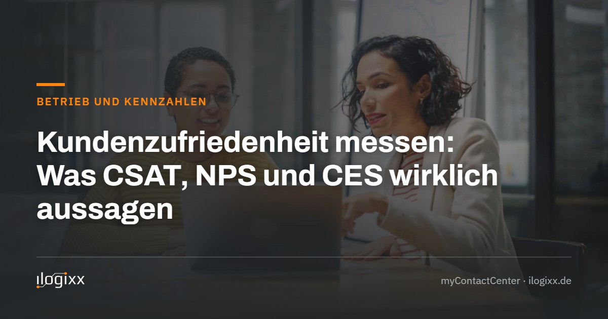 Titelkarte: Kundenzufriedenheit messen – was CSAT, NPS und CES wirklich aussagen. Zwei Personen besprechen Auswertungen am Laptop.